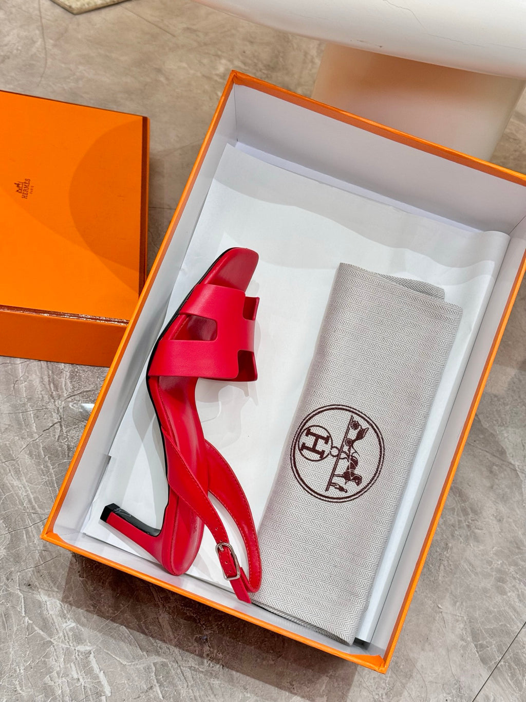 Hermes ladies red leather high-heel sandals in open box with matching dust bag