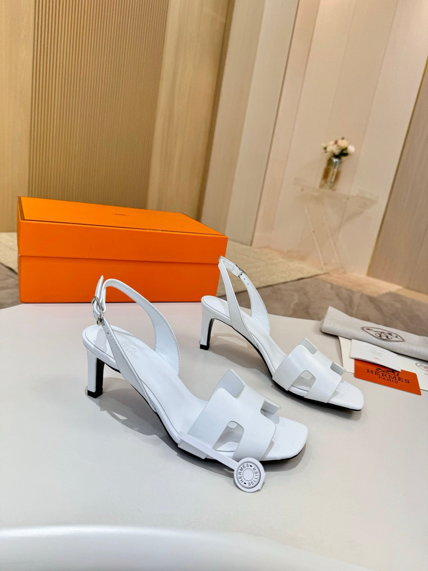 Hermes women's heeled sandal, white slingback with buckle ankle strap and block heel