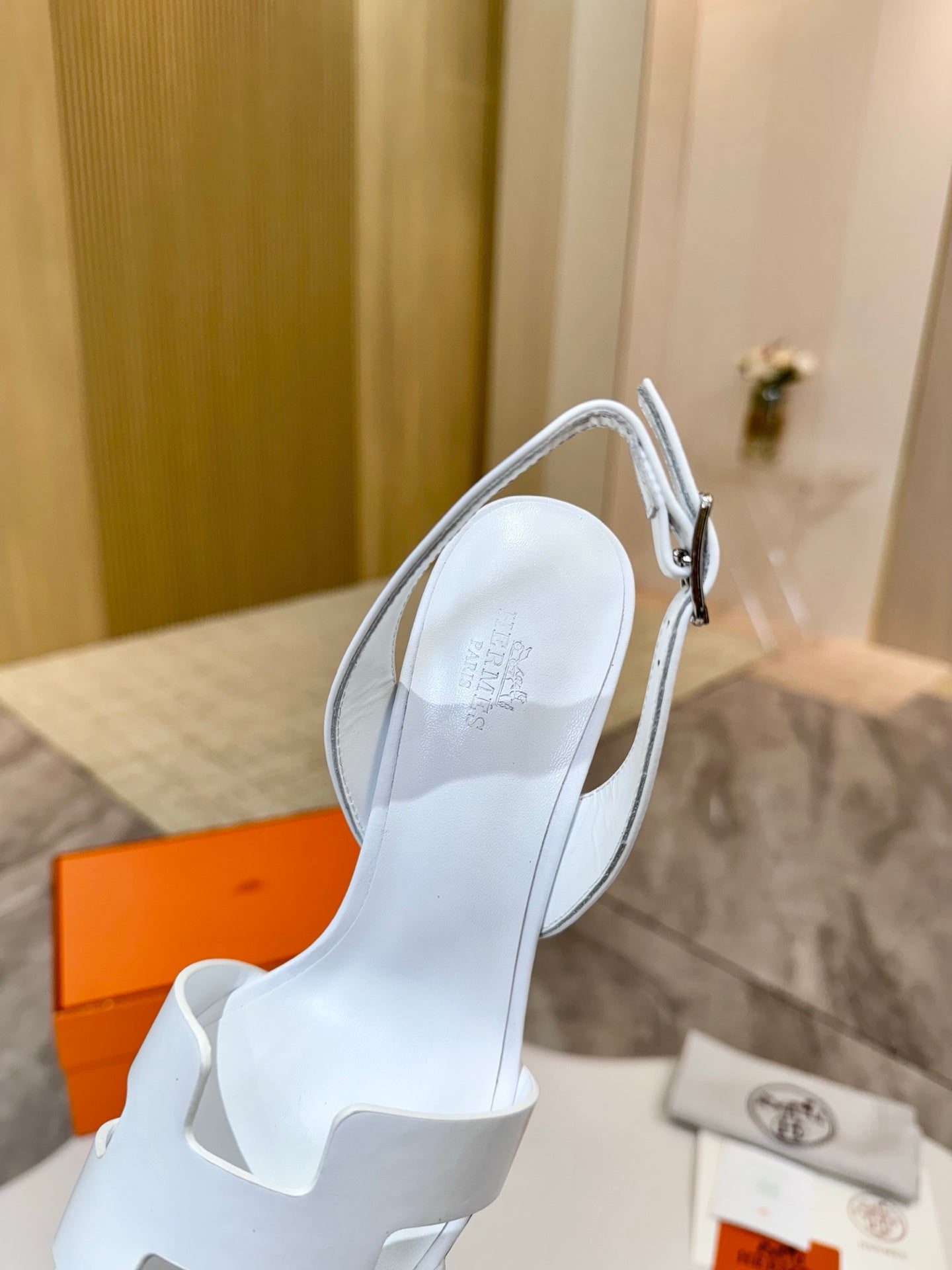 Hermes women's heeled sandal, white slingback with ankle strap and block heel