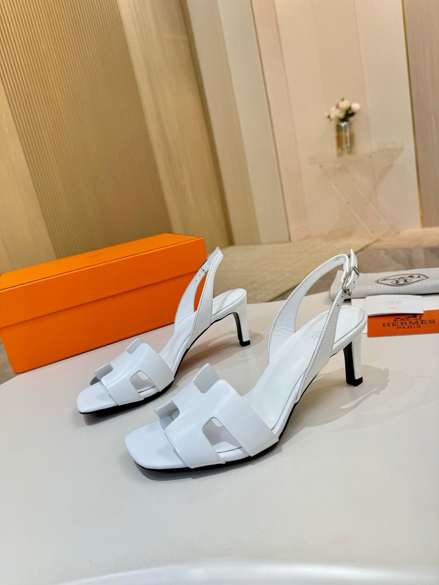 Hermes women's heeled sandals, pair in white with square toe and block heel