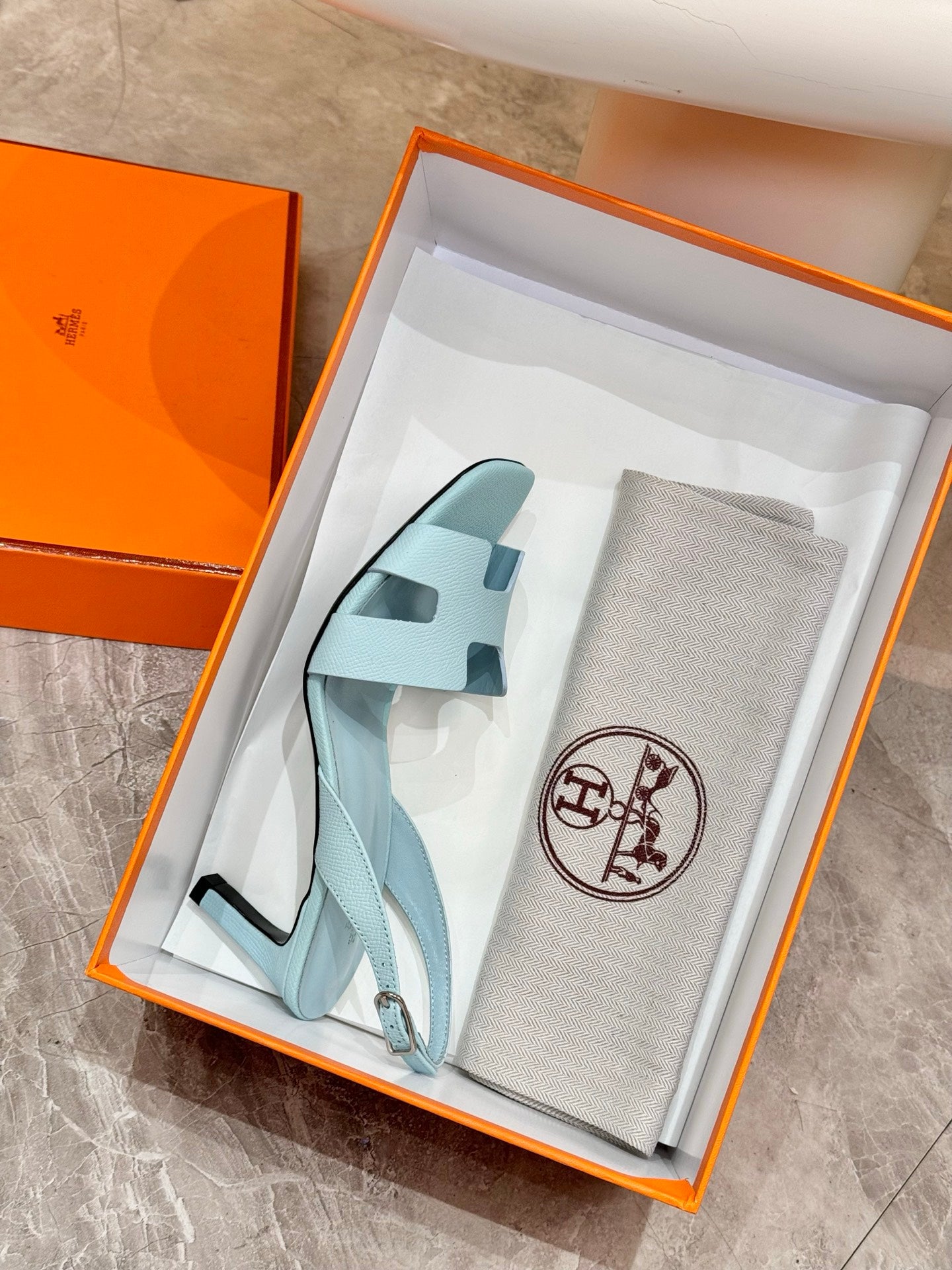 Hermes light blue heeled sandals in orange box with dust bag and logo
