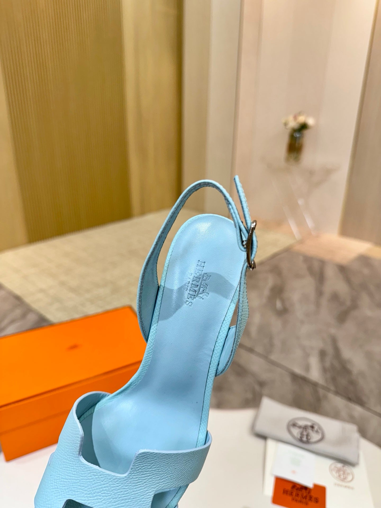 Hermes light blue leather slingback sandal with ankle strap and block heel