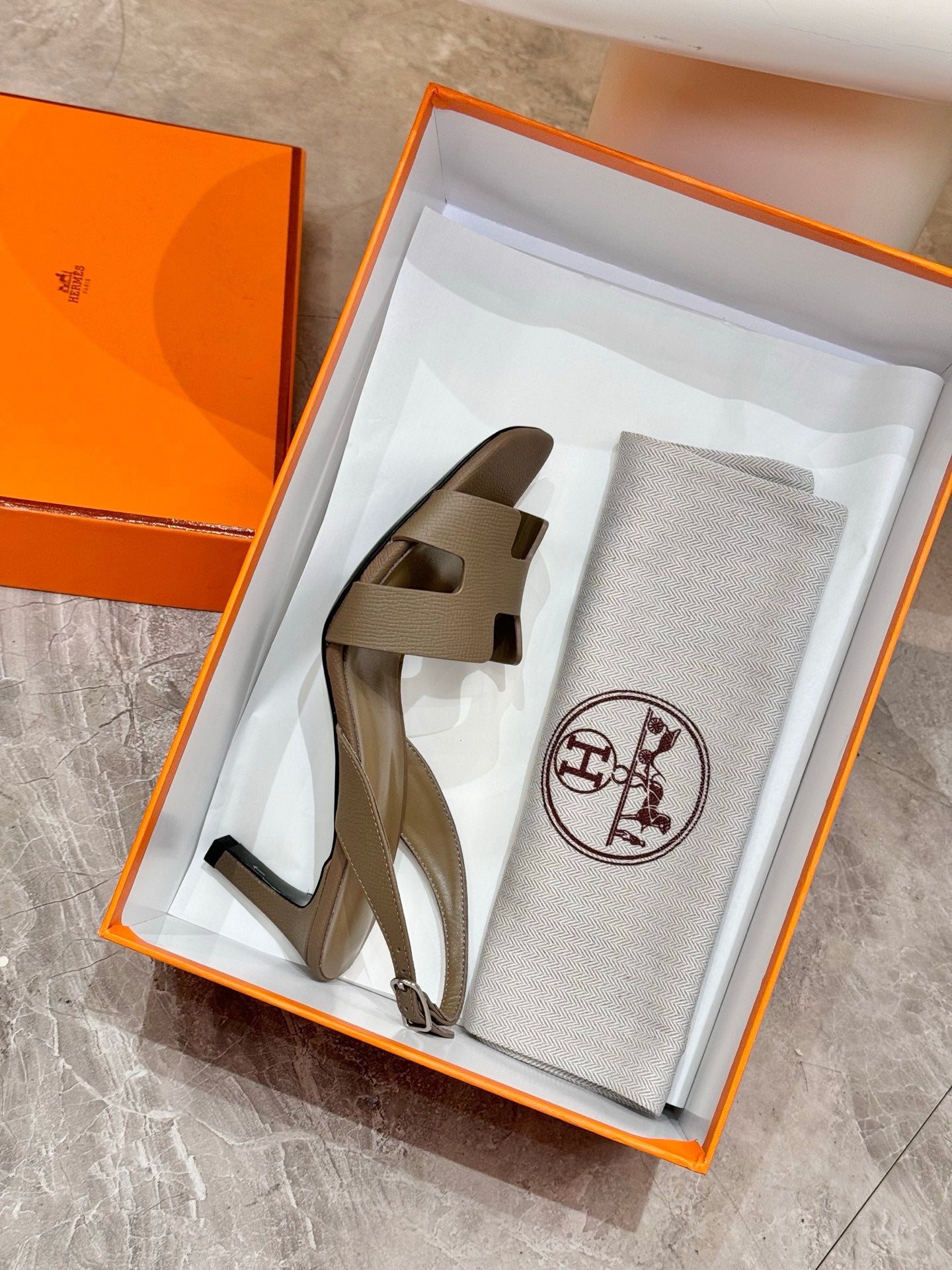 Hermes heeled sandals in gift box, taupe leather with cutout straps