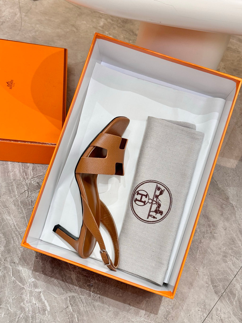 Hermes ladies heeled sandals in tan leather inside gift box, with dust bag