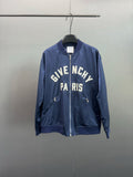 Dark blue bomber jacket with zip front and "Givenchy Paris" logo lettering