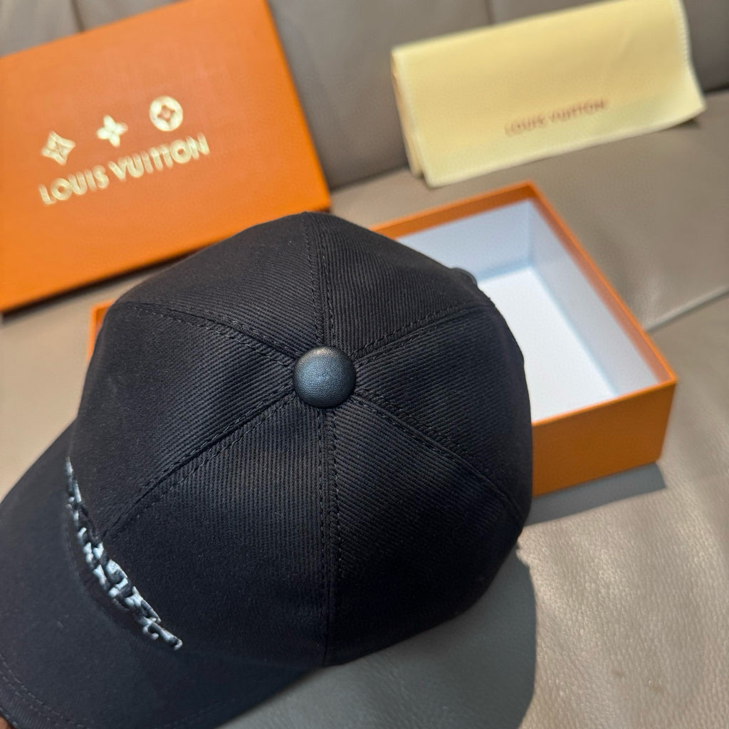 Black Louis Vuitton baseball cap back view with center top button