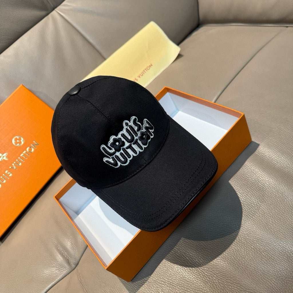 Black Louis Vuitton baseball cap with embroidered script logo