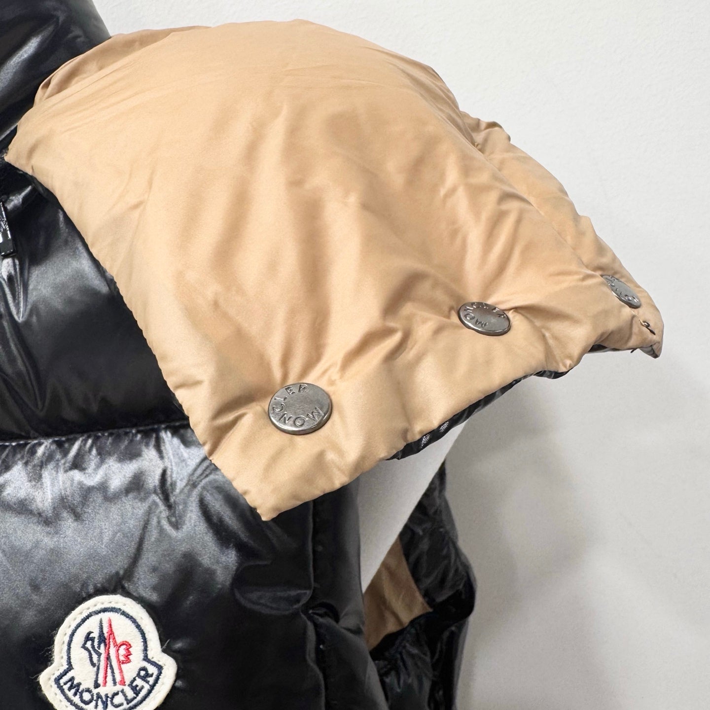 Moncler long puffer jacket beige hood corner with button details, dark trim