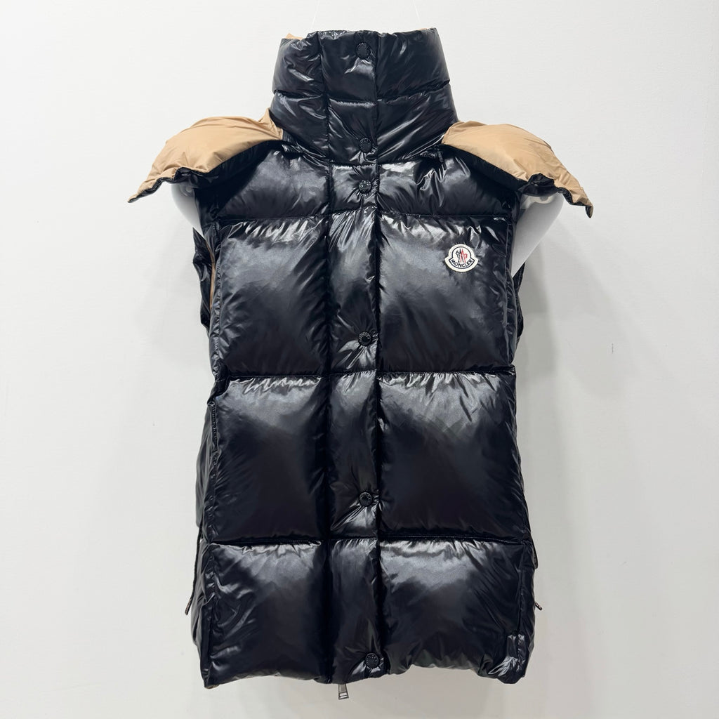 Moncler long puffer jacket with hood, quilted dark finish, front snap buttons