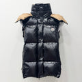 Moncler long puffer jacket with hood, quilted dark finish, front snap buttons
