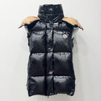Moncler long puffer jacket with hood, quilted dark finish, front snap buttons