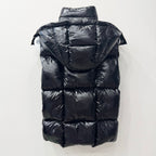 Moncler long puffer jacket with hood, quilted dark finish, back view