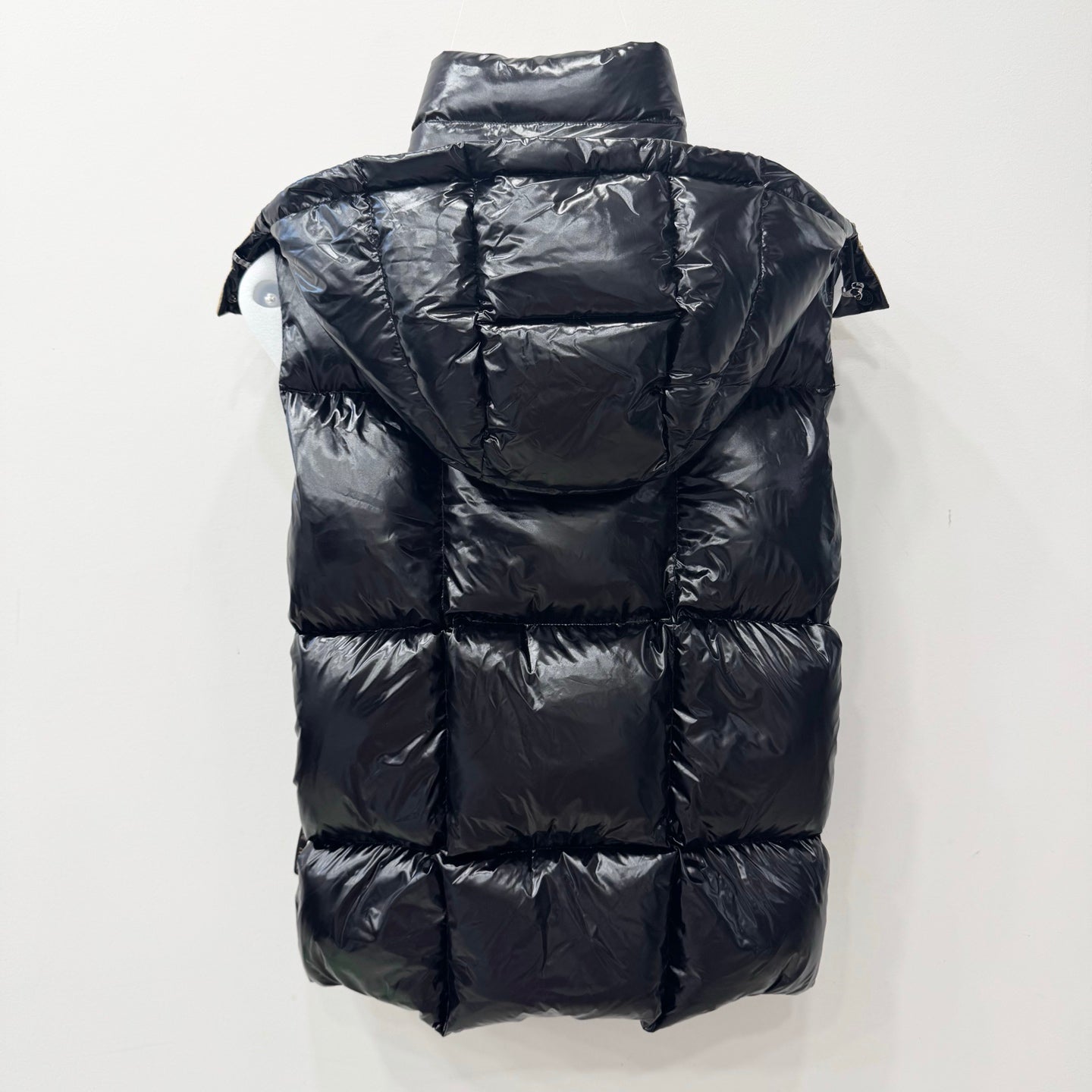 Moncler long puffer jacket with hood, quilted dark finish, back view