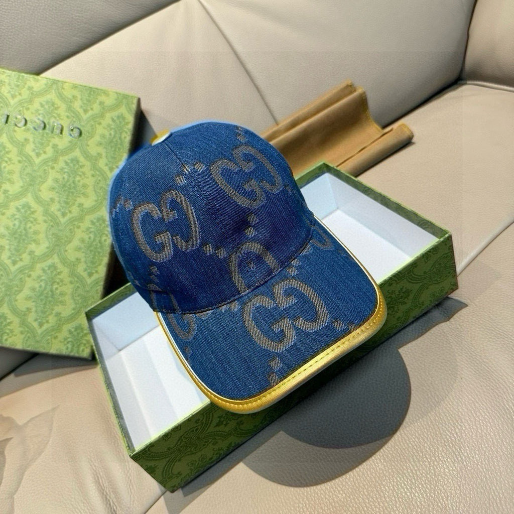 Gucci denim cap in blue with GG pattern and yellow-trim curved brim