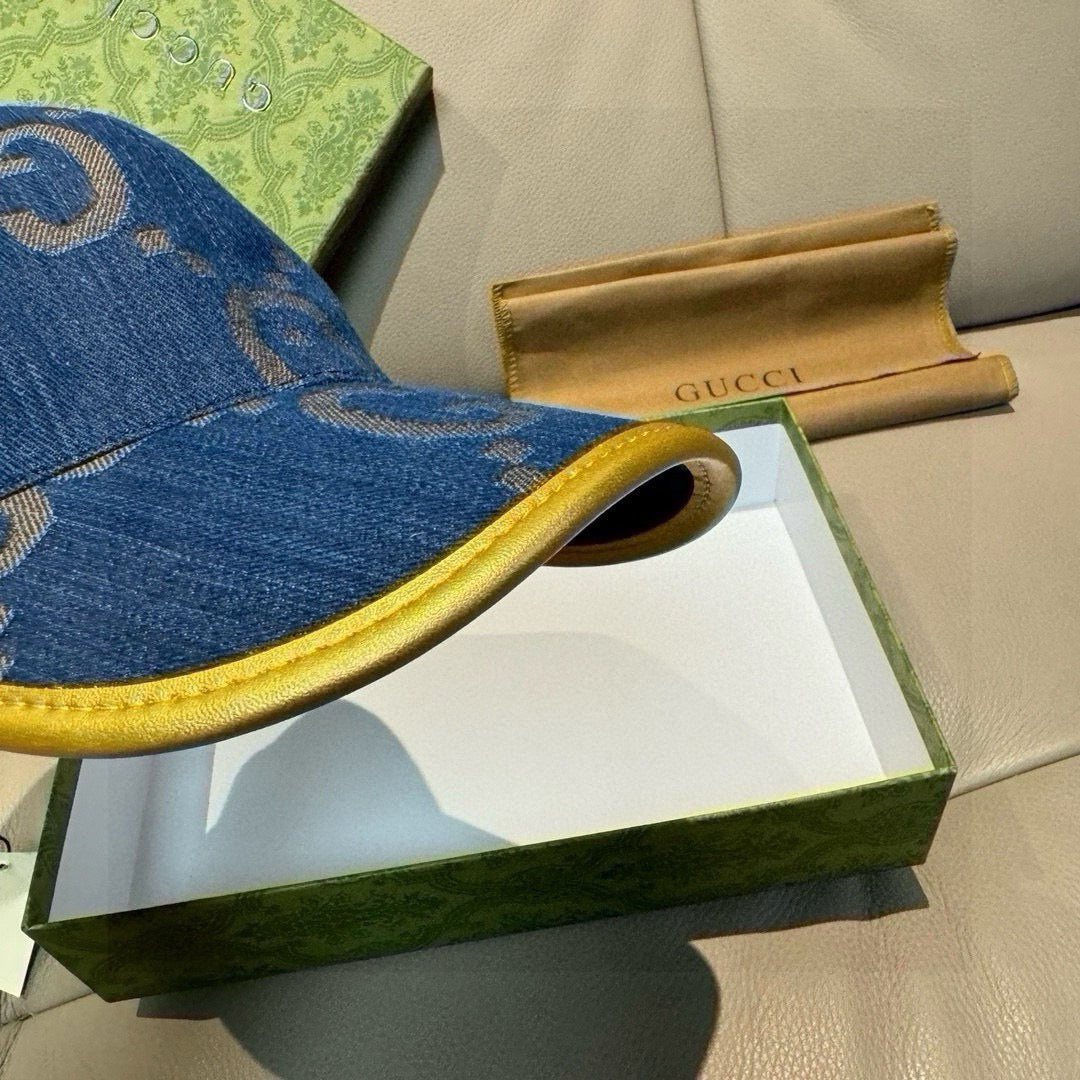 Gucci denim cap in blue with GG pattern and yellow brim edging