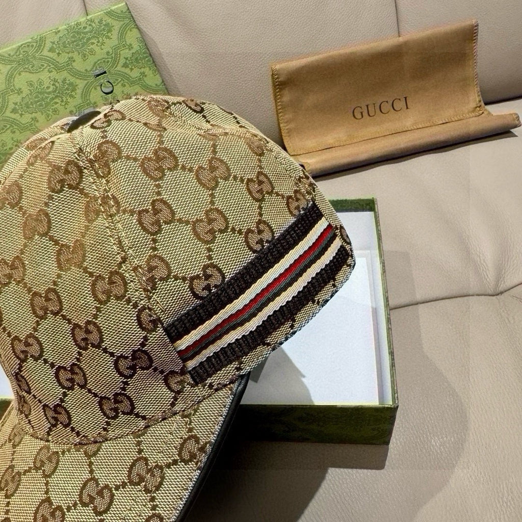 Gucci GG monogram cap with multicolor web stripe band on side