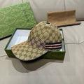 Gucci GG monogram baseball cap in beige with black brim and multicolor stripe band