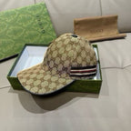 Gucci GG monogram baseball cap in beige with black brim and multicolor stripe band