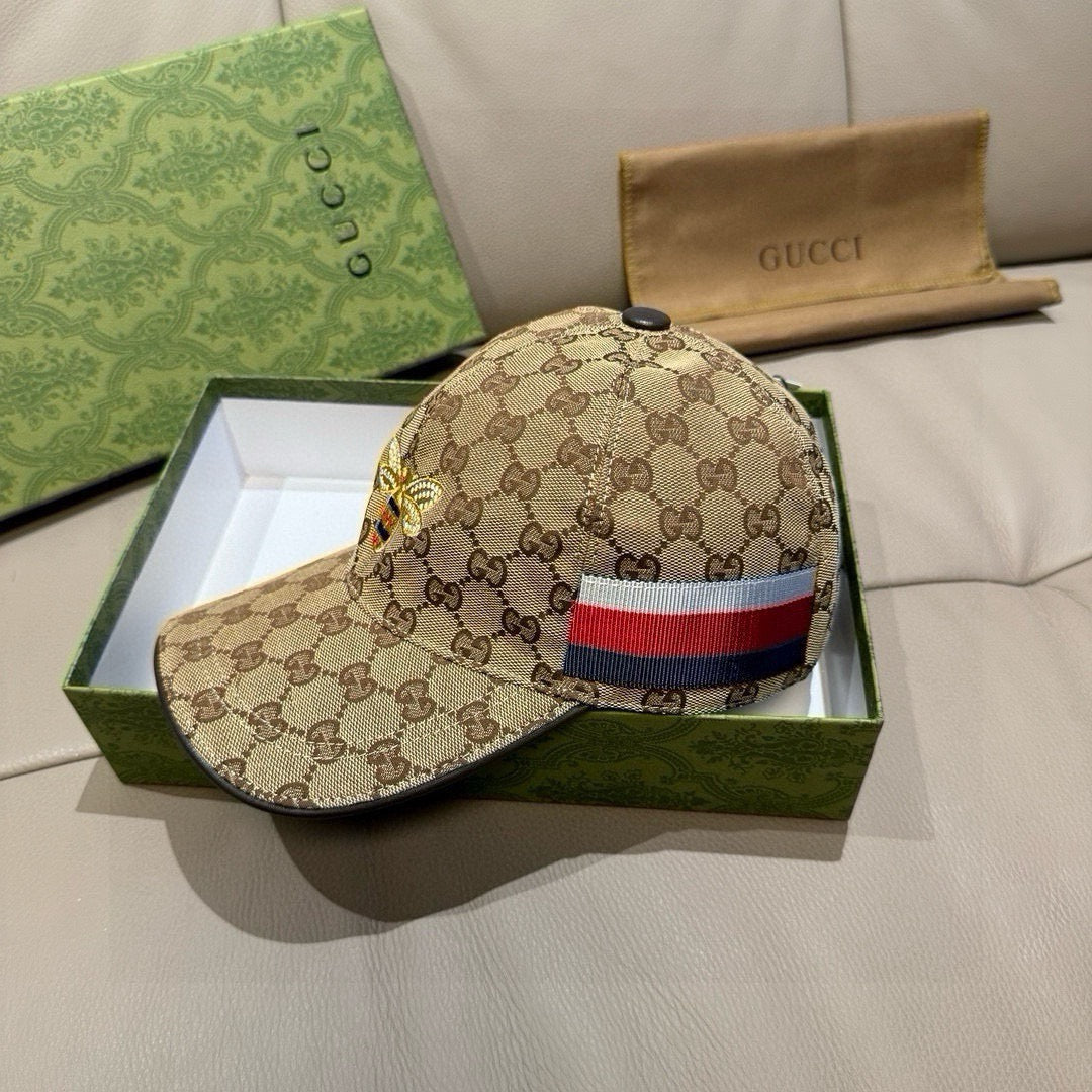 Tan GG monogram baseball cap with multicolor striped band on front