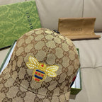 Tan GG monogram baseball cap with large embroidered bee and crest