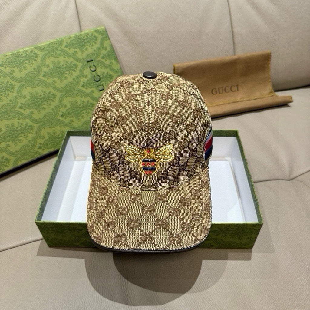 Tan GG monogram baseball cap with embroidered bee and multicolor crest