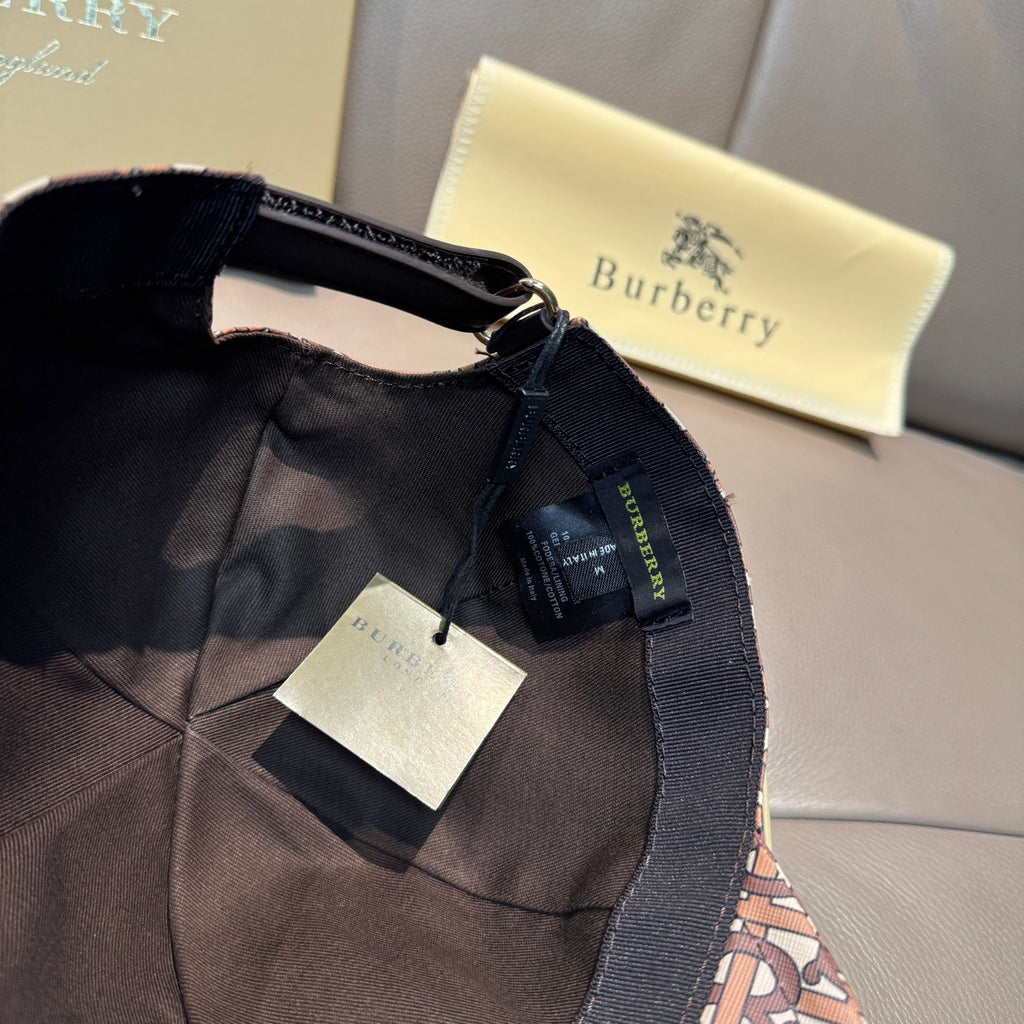 Burberry cap interior with black mesh lining, adjustable strap and tags