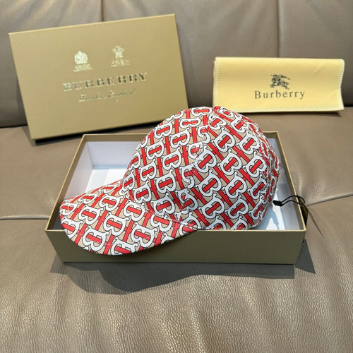 Baseball cap with red and white TB monogram pattern, curved brim.