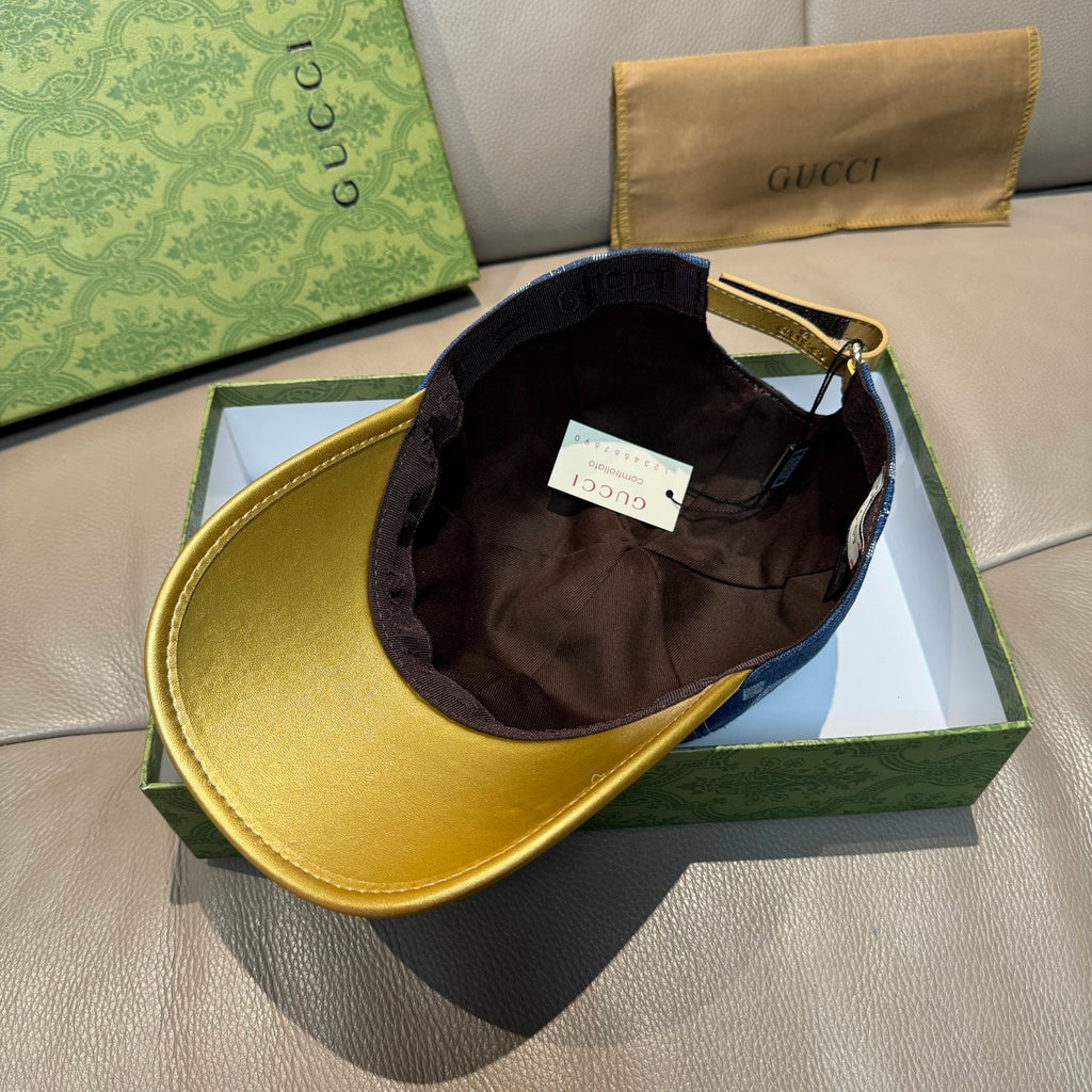 Gucci cap with dark interior lining and blue GG denim exterior