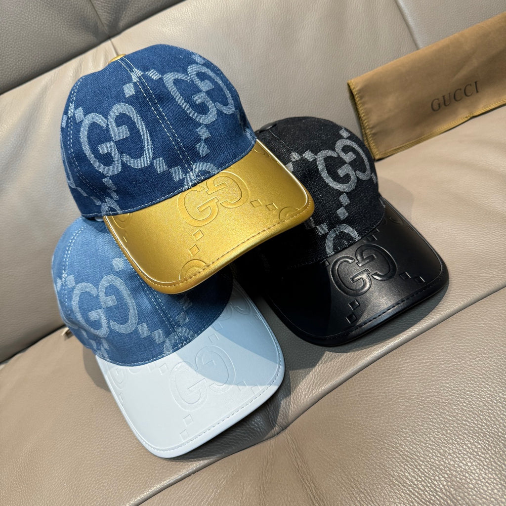 Baseball caps set: blue GG monogram cap with yellow trim and dark leather brim