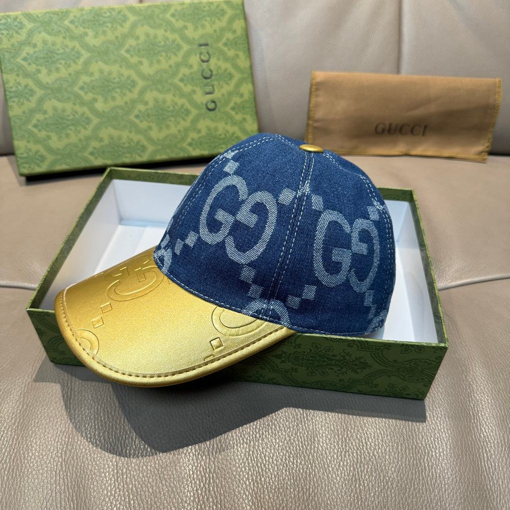Gucci blue GG denim baseball cap with contrast yellow brim