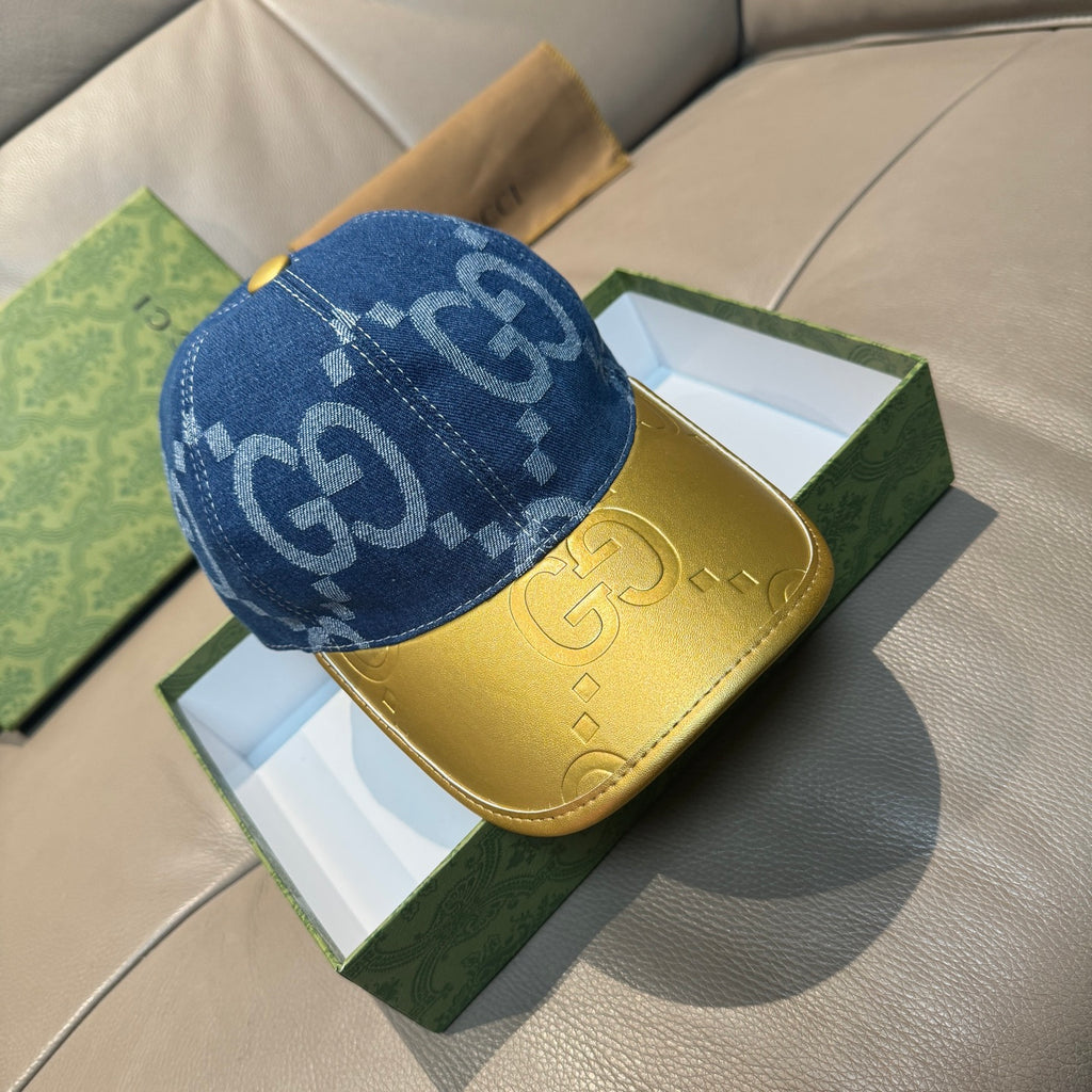 Gucci denim baseball cap with blue GG monogram pattern and yellow brim