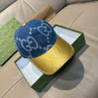 Gucci denim baseball cap with blue GG monogram pattern and yellow brim