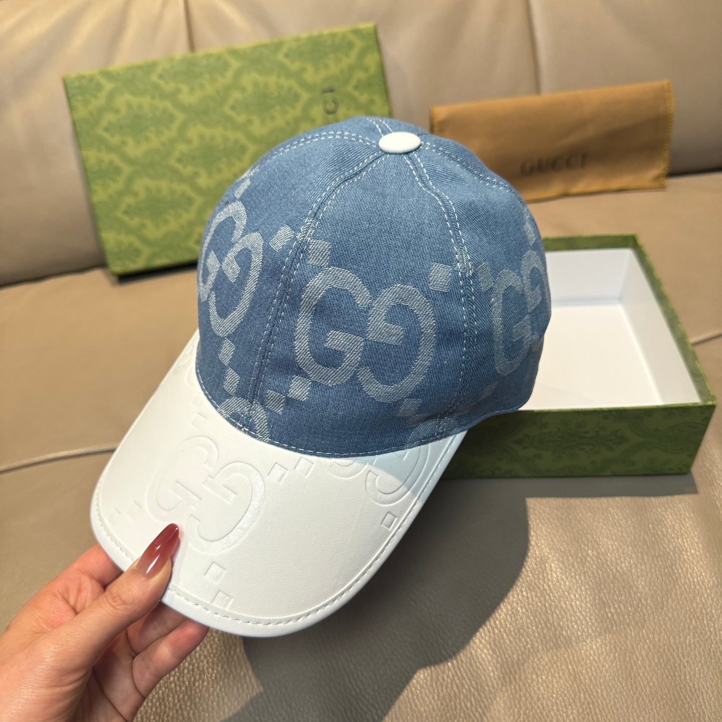 Denim blue Gucci cap with GG jacquard logo and white brim panel