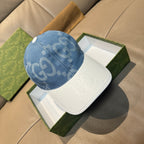 Denim blue Gucci cap with GG jacquard pattern and white embroidered brim detail