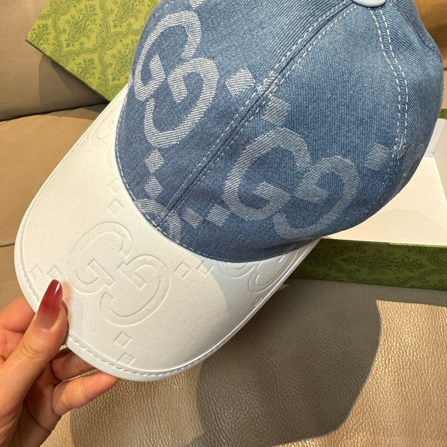Denim blue Gucci cap with large GG jacquard logo and white lower brim