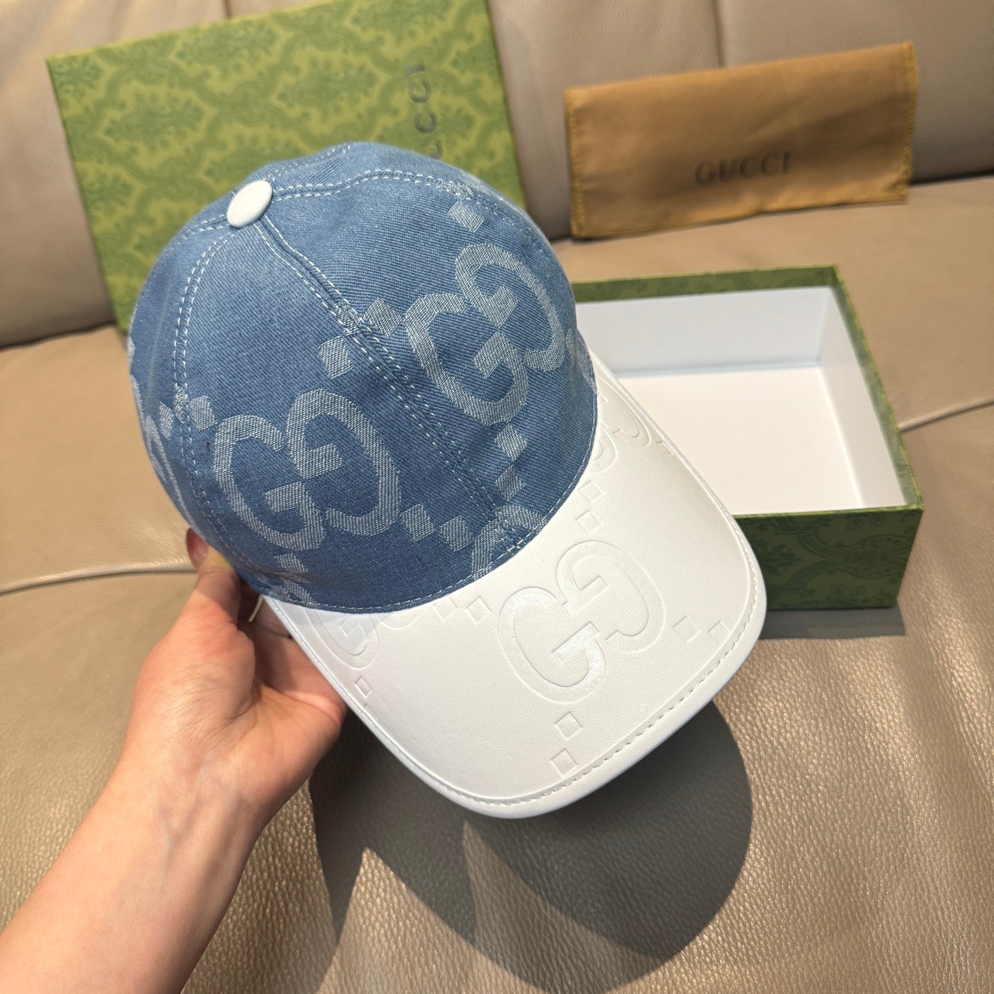 Denim blue Gucci cap with GG jacquard pattern and white brim