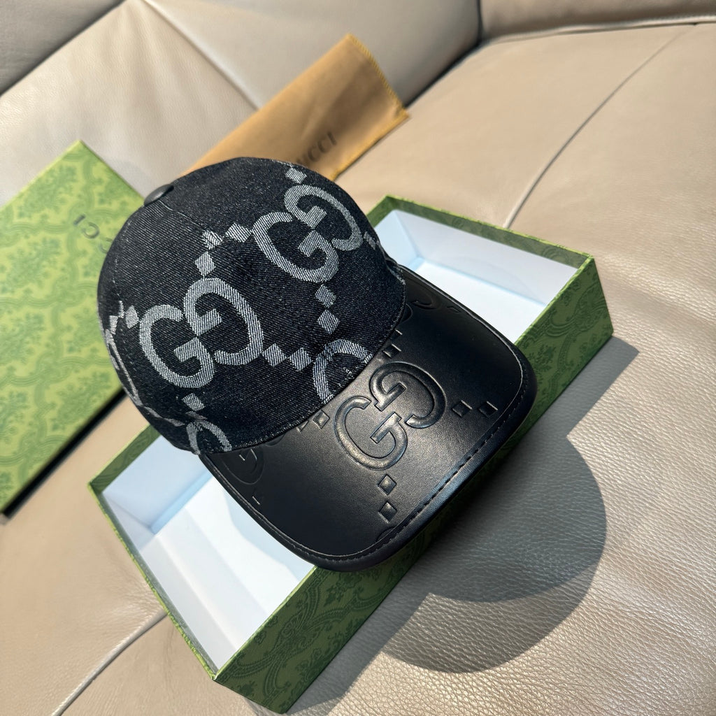 Gucci cap in dark denim with large GG monogram print and black leather brim