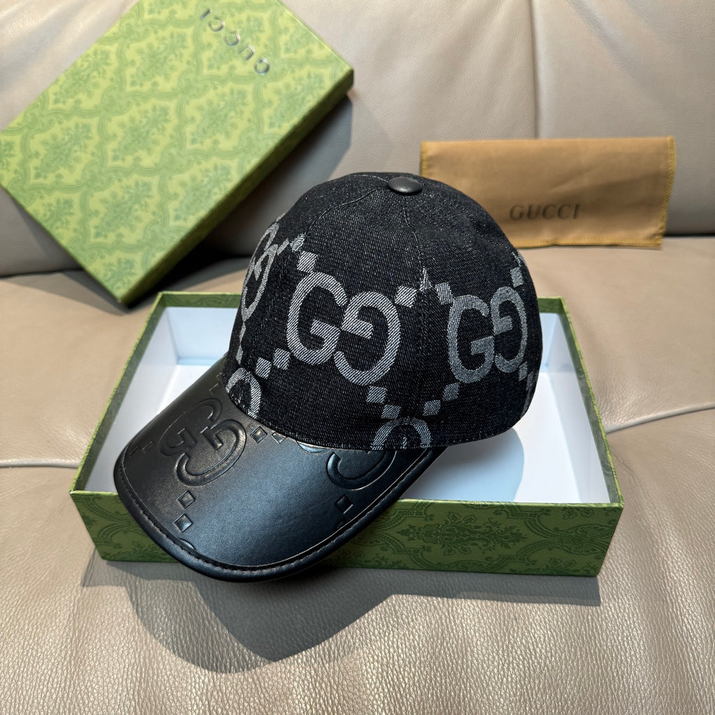Baseball cap with dark GG monogram fabric crown and black leather curved brim