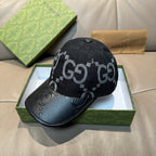 Baseball cap with dark GG monogram fabric crown and black leather curved brim