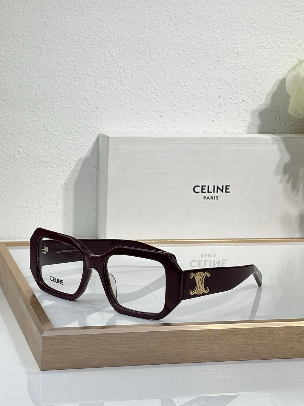 Celine glasses, dark brown square frames with gold logo on the temple