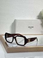 Celine glasses, dark brown square frames with gold logo and temple branding