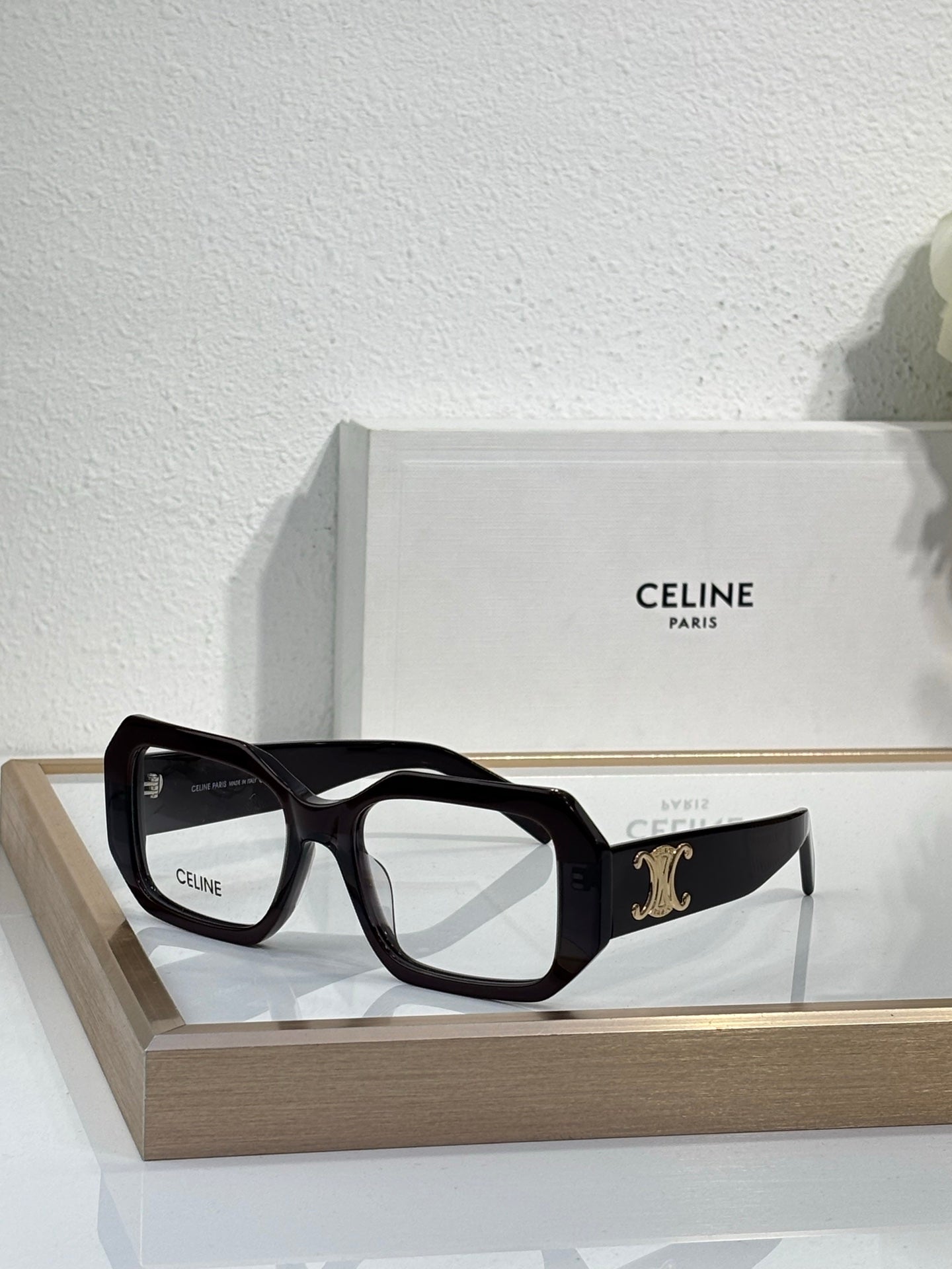 Celine glasses, black square frames with gold logo on the side temple