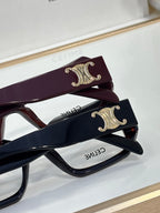 Celine glasses close-up, burgundy and navy temples with gold C emblems