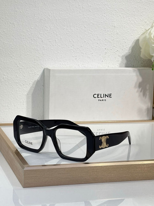 Celine glasses, black square frames with gold logo on the temple