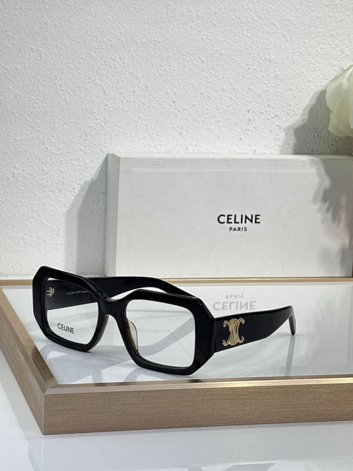 Celine glasses, black square frames with gold logo detail on the temple