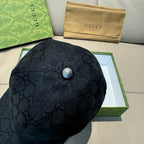 Gucci cap back view, dark navy GG monogram with circular button at crown top