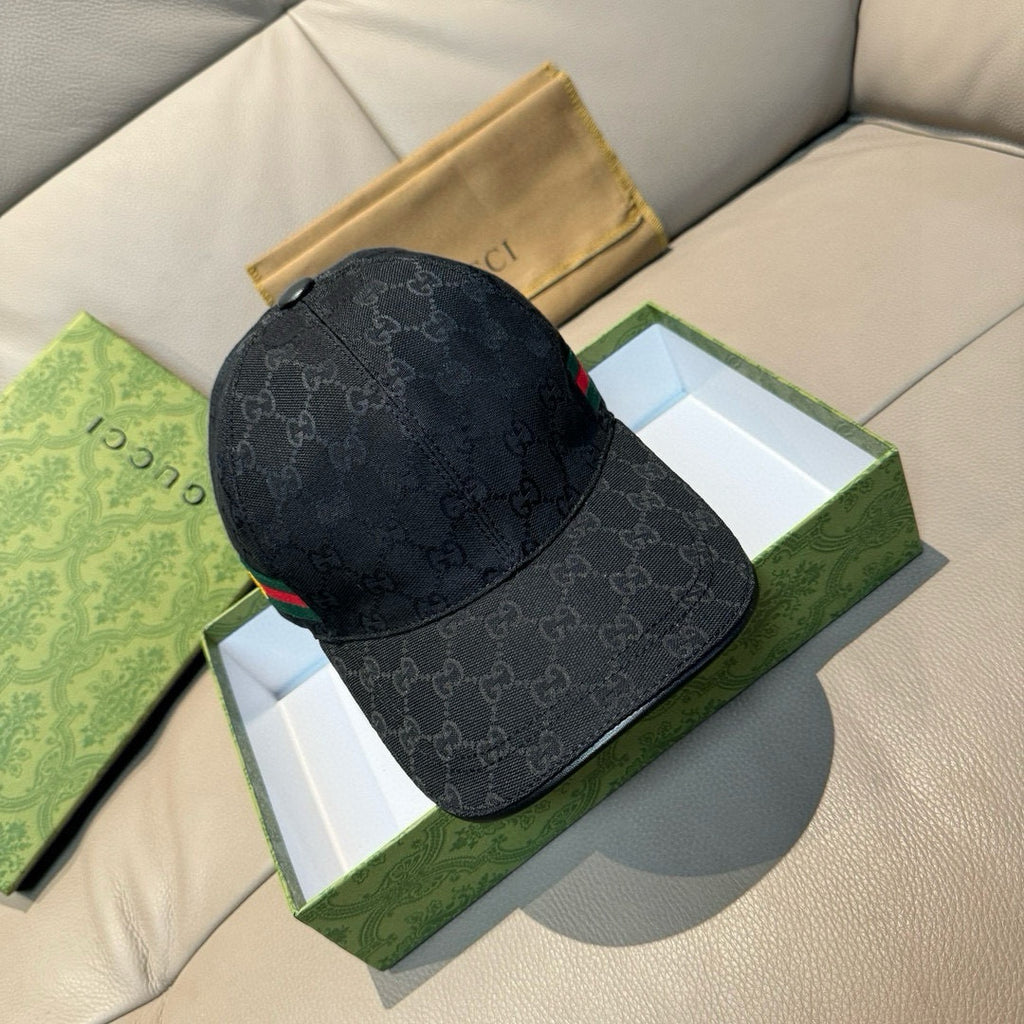 Gucci cap, dark navy GG monogram with green-red Web stripe and gold bee emblem on side