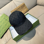 Gucci cap, dark navy GG monogram with green-red Web stripe and gold bee emblem on side
