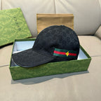 Gucci cap, dark navy GG monogram with green-red Web stripe and gold bee emblem