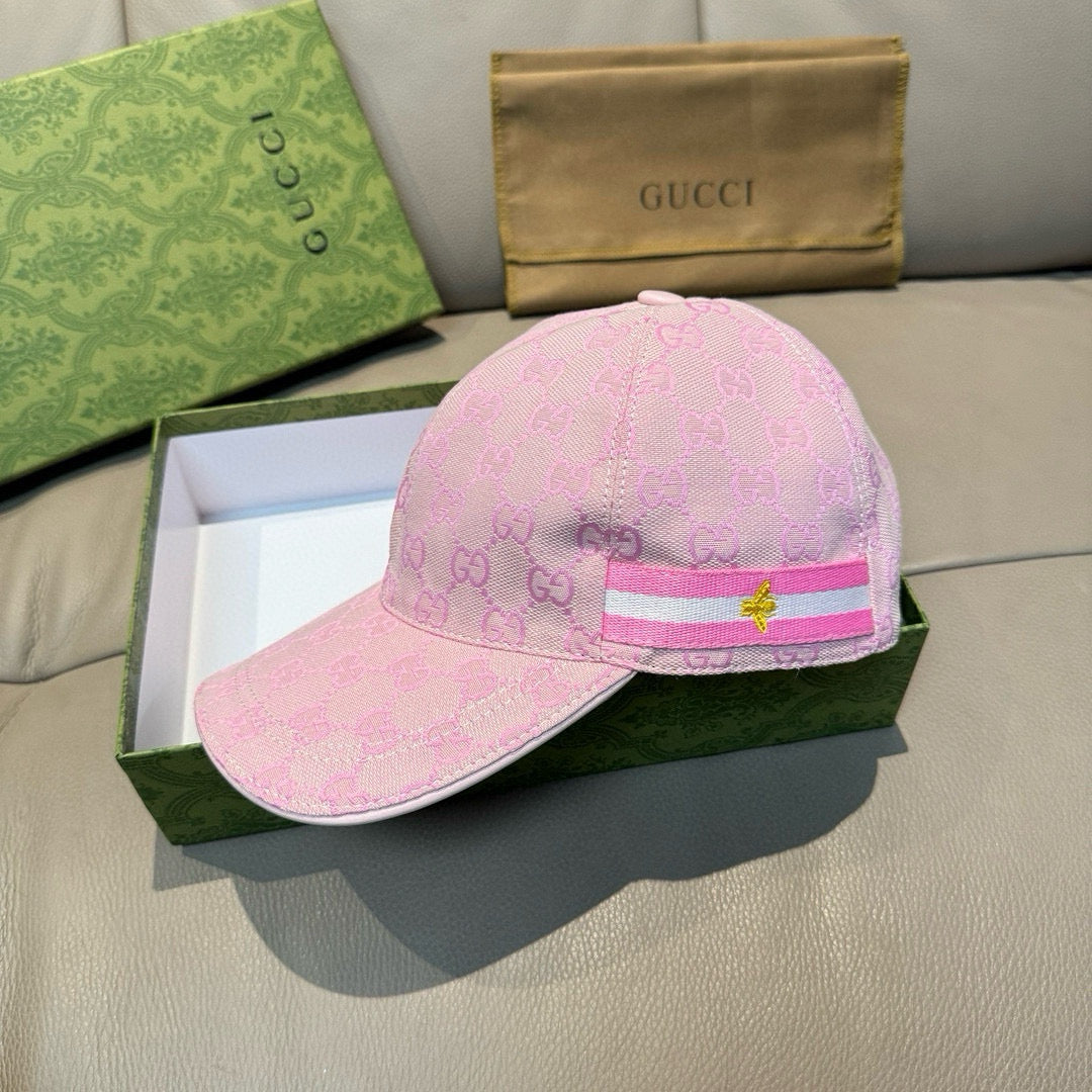 Pink monogram baseball cap with multicolor stripe band and star patch